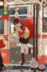 Rule 34 | 1girl, absurdres, black skirt, blush, boots, brown footwear, brown hair, bus, christmas, christmas lights, christmas ornaments, christmas stocking, ddini, dog, fake antlers, full body, highres, holding, holding sack, jacket, looking at viewer, mittens, motor vehicle, open clothes, open jacket, open mouth, original, red headwear, red mittens, red sweater, reindeer, sack, scarf, shirt, skirt, snowman, striped clothes, striped scarf, sweater, thighhighs, twintails, white shirt, white thighhighs
