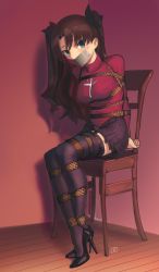 Rule 34 | 1girl, absurdres, arms behind back, bdsm, black hair, black thighhighs, blue eyes, blush, breasts, chair, crossed legs, fate/stay night, fate (series), female focus, gag, high heels, highres, improvised gag, indoors, kaddo, legs together, long hair, long sleeves, looking at viewer, lucine-chan, medium breasts, miniskirt, pleated skirt, pumps, red sweater, shoes, sitting, skirt, solo, stiletto heels, sweater, tape, tape gag, thighhighs, tohsaka rin, twintails, wooden floor, zettai ryouiki