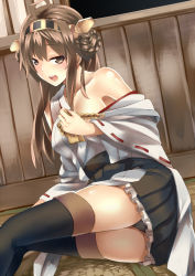 Rule 34 | 10s, 1girl, bad id, bad pixiv id, black panties, black thighhighs, boots, brown eyes, brown hair, detached sleeves, highres, japanese clothes, kantai collection, kongou (kancolle), long hair, miko, nontraditional miko, panties, pantyshot, personification, pleated skirt, ribbon-trimmed sleeves, ribbon trim, roten (rotenburo), sitting, skirt, thigh boots, thighhighs, underwear, undressing, wide sleeves, zettai ryouiki