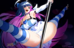 Rule 34 | 1girl, :d, absurdres, black background, blue hair, blunt bangs, blush, bracelet, breasts, detached sleeves, green eyes, halo, highres, jewelry, large breasts, long sleeves, looking at viewer, multicolored hair, open mouth, panties, panty &amp; stocking with garterbelt, pole, purple hair, skirt, smile, solo, spread legs, stocking (psg), striped clothes, striped thighhighs, stripper pole, thighhighs, thighs, tofuubear, underwear, white panties
