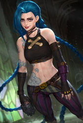 Rule 34 | abs, blue hair, highres, jinx (league of legends), league of legends, midriff, neoartcore, smile, tattoo
