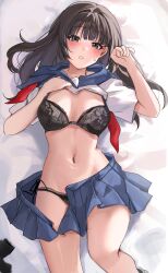 Rule 34 | 1girl, absurdres, bed sheet, black bra, black hair, black panties, blue skirt, blush, bra, breasts, clothes lift, feet out of frame, hair spread out, highres, hinaumma, looking at viewer, lying, medium breasts, mole, mole under eye, navel, neckerchief, on back, open clothes, open skirt, original, panties, pleated skirt, shirt, shirt lift, skirt, solo, stomach, sweatdrop, underwear, undone neckerchief, white shirt