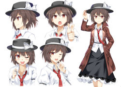 Rule 34 | &gt;:), 1girl, ;d, blush, breasts, brown hair, coat, collarbone, collared shirt, d:, d:&lt;, e.o., expressions, finger gun, hat, hat tip, looking at viewer, necktie, one eye closed, open mouth, pointing, pointing at viewer, profile, red eyes, seductive smile, shirt, short hair, simple background, skirt, smile, solo, touhou, trench coat, usami renko, v-shaped eyebrows