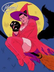 Rule 34 | 1boy, animal ears, animal hands, apron, bara, broom, broom riding, cat boy, cat ears, cat tail, crossdressing, facial hair, fang, fang out, flying, from below, full moon, goatee stubble, golden kamuy, halloween, halloween costume, hat, high heels, highres, large pectorals, looking at viewer, male focus, meowing, moon, mosmos412, muscular, muscular male, pectoral cleavage, pectorals, red thighhighs, short hair, solo, stubble, tail, thighhighs, thighs, tsukishima hajime, tsurime, waist apron, witch, witch hat, zettai ryouiki