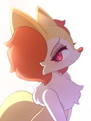 Rule 34 | 1girl, animal ear fluff, animal ears, backlighting, blush, braixen, closed mouth, creatures (company), female focus, fox ears, fox tail, from side, furry, furry female, game freak, gen 6 pokemon, half-closed eyes, happy, heart, heart-shaped pupils, highres, jpeg artifacts, light blush, looking at viewer, nintendo, pinkcappachino, pokemon, pokemon (creature), red eyes, simple background, smile, solo, standing, symbol-shaped pupils, tail, upper body, white background