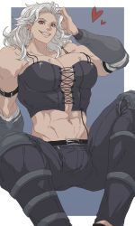 Rule 34 | 1girl, abs, adjusting hair, breasts, bustier, dorohedoro, earrings, grin, highres, jewelry, labell xx, lace, large breasts, long hair, muscular, muscular female, noi (dorohedoro), pants, red eyes, sitting, smile, teeth, white hair