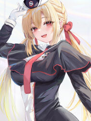 Rule 34 | 1girl, :d, absurdres, adjusting clothes, adjusting headwear, arihara nanami, arm at side, arm up, black capelet, black hat, black shirt, blonde hair, blush, bow, braid, breasts, bright pupils, capelet, chinese commentary, commentary request, crossed bangs, eyelashes, eyes visible through hair, fang, garrison cap, gloves, hair between eyes, hair bow, hair ribbon, hand up, hat, highres, impossible clothes, long hair, looking at viewer, low twintails, lshiki, medium breasts, necktie, open mouth, red bow, red eyes, red necktie, red ribbon, revision, ribbon, riddle joker, shirt, side braid, simple background, smile, solo, teeth, tsurime, twintails, upper body, upper teeth only, very long hair, white background, white gloves