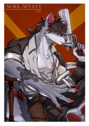 Rule 34 | 1boy, animal ears, animal feet, arm tattoo, bare pectorals, body fur, brown hair, brown jacket, brown pants, claws, crossed legs, finger on trigger, fish7163, furry, furry male, grey fur, gun, hand up, handgun, highres, holding, holding gun, holding weapon, holster, jacket, jacket on shoulders, looking at viewer, low ponytail, male focus, original, pants, partially unbuttoned, pectorals, red background, red eyes, revolver, scar, scar on chest, shirt, short hair, short ponytail, solo, tail, tattoo, toned, toned male, upper body, weapon, white shirt, wolf boy, wolf ears