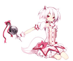 Rule 34 | 1girl, animal ears, bad id, bad pixiv id, bow, choker, cosplay, dress, frills, gloves, grief seed, hair bow, hijiri (resetter), kaname madoka, kaname madoka (cosplay), kyubey, magical girl, mahou shoujo madoka magica, mahou shoujo madoka magica (anime), personification, pink dress, pink eyes, pink skirt, puffy sleeves, short hair, short twintails, simple background, sitting, skirt, solo, tail, twintails, white background, white gloves, white hair, yokozuwari