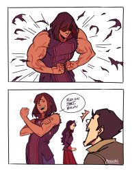 Rule 34 | 1boy, 2girls, 2koma, asami sato, avatar legends, biceps, bolin, bulging eyes, closed eyes, comic, dark-skinned female, dark skin, english text, exploding clothes, eyes in shadow, feet out of frame, flexing, korra, multiple girls, muscular, muscular female, notice lines, official alternate hairstyle, pockicchi, smug, sparkle, speech bubble, standing, surprised, the legend of korra, torn clothes, torn sleeves, u u, veins, veiny arms