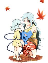 Rule 34 | 2girls, aged down, aqua hair, azuki (azuki shot), barefoot, blue hair, breasts, commentary request, detached sleeves, dress, eye contact, flip-flops, hand on another&#039;s shoulder, heart, highres, komeiji koishi, light blue hair, long hair, long sleeves, looking at another, medium breasts, multicolored clothes, multicolored dress, multiple girls, red eyes, robe, sakata nemuno, sandals, simple background, smile, squatting, standing, tiptoes, touhou, white background