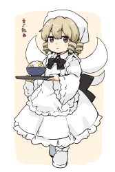 Rule 34 | 1girl, apron, blonde hair, blush, brown eyes, closed mouth, dress, drill hair, fairy, fairy wings, full body, hair between eyes, head scarf, highres, holding, itatatata, long sleeves, luna child, rice, shoes, short hair, solo, touhou, translation request, white apron, white dress, white footwear, white headwear, wide sleeves, wings