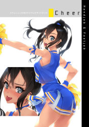 Rule 34 | 1girl, ass, bare shoulders, black hair, breasts, cheerleader, collarbone, female focus, from behind, grey eyes, hair ornament, hairclip, highres, holding, looking at viewer, medium breasts, multiple views, murakami suigun, open mouth, original, parted bangs, pleated skirt, pom pom (cheerleading), side ponytail, simple background, skirt, sleeveless, smile, sweat, tongue, tongue out