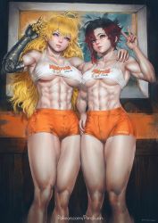 Rule 34 | 2girls, abs, alternate muscle size, amputee, bare arms, bare shoulders, black hair, blonde hair, breast press, breasts, covering nipples, covering privates, crop top, employee uniform, feet out of frame, gradient hair, grey eyes, hand on another&#039;s shoulder, hand on own hip, highres, hooters, kuon (kwonchanji), large breasts, legs, lips, long hair, looking at viewer, mechanical arms, multicolored hair, multiple girls, muscular, muscular female, navel, navel piercing, no legwear, orange shorts, painting (object), patreon username, piercing, purple eyes, red hair, restaurant, revealing clothes, ruby rose, rwby, see-through, see-through shirt, short hair, short shorts, shorts, sidelocks, signature, smile, tank top, thick thighs, thighs, two-tone background, underboob, uniform, v, wall, watermark, web address, yang xiao long