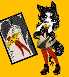 Rule 34 | 1girl, animal ears, black hair, closed mouth, commentary, dress, grey dress, hands in hair, high heels, imaizumi kagerou, laces, long hair, neckerchief, pantyhose, red eyes, red pantyhose, see-through, smile, solo, tail, touhou, wolf ears, wolf tail, yt (wai-tei)
