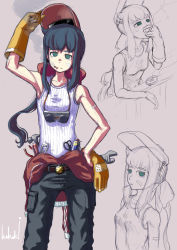 Rule 34 | 1girl, aged up, bandaid, belt, blue hair, bow, breasts, cargo pants, cigarette, clothes around waist, constanze amalie von braunschbank-albrechtsberger, cowboy shot, gloves, goggles, green eyes, hair ribbon, hammer, highres, ice keki, little witch academia, long hair, looking at viewer, looking up, pale skin, pants, pincers (tool), ponytail, ribbon, scissors, screwdriver, shirt, shirt around waist, simple background, sketch, skinny, smoke, smoking, standing, tank top, thick eyebrows, tomboy, toned, welding mask, work gloves, wrench