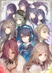 Rule 34 | 1girl, 6+boys, 6+girls, alice (sinoalice), bad id, bad pixiv id, black choker, black jacket, blouse, blue eyes, blue hair, blue shirt, bow, bowtie, braid, breasts, briar rose (sinoalice), brown eyes, brown hair, brown hat, character request, choker, cleavage, closed mouth, collared shirt, commentary request, contemporary, earphones, floating hair, fur trim, glasses, green eyes, green hair, gretel (sinoalice), grey eyes, grey neckwear, hair bow, hair over one eye, hat, hat ornament, highres, hood, hoodie, hoshizaki reita, jacket, kaguya (sinoalice), long hair, looking at viewer, medium breasts, multiple boys, multiple girls, necktie, ningyo hime (sinoalice), nurse cap, one eye covered, open mouth, parted lips, ponytail, purple bow, purple eyes, purple hair, red hair, red riding hood (sinoalice), rown, shirt, short hair, short sleeves, sideways mouth, signature, sinoalice, white shirt, wing collar