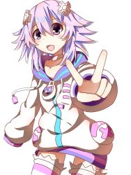 Rule 34 | 1girl, breasts, choker, d-pad, d-pad hair ornament, hair ornament, hairclip, happy, highres, hood, hoodie, kuromazin19, leggings, neptune (neptunia), neptune (series), open mouth, parka, purple eyes, purple hair, short hair, small breasts, striped clothes, striped thighhighs, thighhighs, thighs