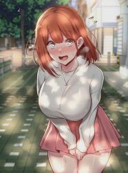 Rule 34 | 1girl, blush, city, daeun (sextudy group), embarrassed, green eyes, highres, long hair, open mouth, orange hair, pink skirt, sextudy group, shirt, skirt, solo, tongue, tree, white shirt