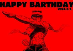 Rule 34 | 1boy, arm up, birthday, clenched hand, cowboy shot, dated, facial scar, frown, golden kamuy, happy birthday, hat, highres, kepi, krps kyapi, looking at viewer, male focus, military hat, monochrome, multiple scars, muscular, muscular male, outstretched arm, red theme, scar, scar on cheek, scar on face, scar on nose, serious, short hair, solo, sugimoto saichi, topless male