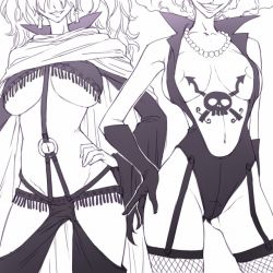 Rule 34 | 2girls, breasts, emporio ivankov, fishnets, fringe trim, gloves, greyscale, head out of frame, large breasts, monochrome, mosha, multiple girls, nipples, one piece, revealing clothes, sadi-chan, skull, tattoo, thighhighs, underboob
