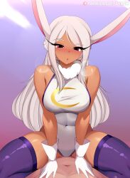 Rule 34 | 1boy, 1girl, :o, absurdres, animal ears, blush, boku no hero academia, breasts, chenki, commentary, covered navel, crescent print, dark-skinned female, dark skin, english commentary, fur collar, gloves, highleg, highleg leotard, highres, large breasts, leotard, long eyelashes, long hair, looking at viewer, mirko, parted bangs, patreon username, purple thighhighs, rabbit ears, rabbit girl, red eyes, sitting, sitting on person, skindentation, sleeveless turtleneck leotard, spread legs, taut leotard, thick thighs, thighhighs, thighs, toned, very long hair, white gloves, white hair, white leotard