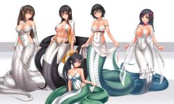Rule 34 | 5girls, bare shoulders, black hair, breasts, brown hair, cleavage, dress, evening gown, full body, hair ornament, highres, lamia, large breasts, long hair, looking at viewer, midnight (banyex), monster girl, multiple girls, open mouth, original, red eyes, scales, simple background, small breasts, smile, tight clothes, tight dress, white dress