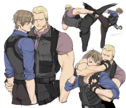 Rule 34 | 2boys, black gloves, black hair, black pants, blonde hair, blue eyes, blue shirt, brown pants, bulletproof vest, closed mouth, collared shirt, curtained hair, fighting, fingerless gloves, gloves, grabbing, grabbing from behind, headset, high kick, holding another&#039;s wrist, holster, holstered, jack krauser, kicking, knife sheath, knife sheath, large pectorals, leon s. kennedy, male focus, multiple boys, muscular, muscular male, pants, pectorals, red shirt, resident evil, resident evil 4, resident evil 4 (remake), scar, scar across eye, scar on face, scar on mouth, sheath, shirt, short hair, simple background, tatsumi (psmhbpiuczn), translation request, white background