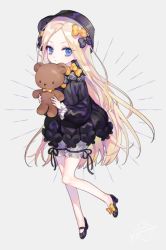 Rule 34 | 1girl, abigail williams (fate), bad id, bad pixiv id, black bow, black dress, black footwear, black hat, blonde hair, bloomers, blue eyes, bow, bug, butterfly, closed mouth, dress, eungsam, fate/grand order, fate (series), forehead, full body, grey background, hair bow, hat, high heels, holding, holding stuffed toy, insect, long hair, long sleeves, looking at viewer, multiple hair bows, orange bow, parted bangs, polka dot, polka dot bow, shoes, simple background, sleeves past wrists, solo, stuffed animal, stuffed toy, teddy bear, underwear, very long hair, white bloomers