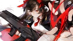 Rule 34 | 1girl, anniversary, assault rifle, breasts, brown hair, bullpup, fingerless gloves, girls&#039; frontline, gloves, gun, hair ribbon, highres, holding, holding gun, holding weapon, long hair, looking at viewer, necktie, qbz-97, red eyes, red necktie, ribbon, rifle, shuaigegentou, smile, solo, thighhighs, trigger discipline, twintails, type 97 (girls&#039; frontline), weapon, white background, white thighhighs