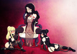 Rule 34 | 3girls, alcohol, ass, bdsm, black hair, black legwear, blonde hair, blush, bondage, bondage outfit, boots, bound, breasts, chain, collar, commission, covered erect nipples, cuffs, cup, dominatrix, drinking glass, elbow gloves, femdom, fullmetal alchemist, garter straps, gloves, glowing, glowing eyes, hair bun, heart, heart-shaped pupils, high heel boots, high heels, highres, hypnosis, knee boots, lan fan, large breasts, leash, lipstick, long hair, lust (fma), makeup, mind control, multiple girls, my pet tentacle monster, nipples, pelvic curtain, ponytail, pussy, see-through, shackles, single hair bun, sitting, slave, spread legs, stool, symbol-shaped pupils, tattoo, thighhighs, uncensored, wine glass, winry rockbell, yuri