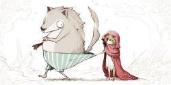 Rule 34 | 1girl, big bad wolf, child, cloak, hood, little red riding hood, little red riding hood (grimm), original, outdoors, parallela66, partially colored, standing, tail, tree, wolf