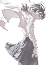 Rule 34 | 1girl, absurdres, collared shirt, floating hair, grey hair, grey skirt, head down, highres, long sleeves, looking at viewer, nico-tine, original, pleated skirt, shirt, short hair, simple background, skirt, solo, standing, vest, white background, white shirt, white vest