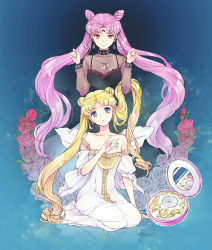 Rule 34 | 2girls, aged up, bad id, bad pixiv id, bishoujo senshi sailor moon, black lady (sailor moon), blonde hair, blue background, blue eyes, brooch, chibi usa, collarbone, cone hair bun, crescent, crescent facial mark, crystal earrings, double bun, dress, earrings, facial mark, flower, forehead mark, hair bun, jewelry, long hair, looking at viewer, maboroshi no ginzuishou, multiple girls, off shoulder, official alternate costume, pink hair, red eyes, red flower, red rose, rose, sami (3a3i3a3i), smile, strap slip, tsukino usagi, twintails, white dress