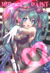 Rule 34 | 1girl, aqua hair, blue eyes, copyright name, gloves, hat, hatsune miku, headset, highres, kirisaki shuusei, leotard, long hair, miracle paint (vocaloid), open mouth, paintbrush, pantyhose, playboy bunny, solo, top hat, twintails, very long hair, vocaloid, white gloves