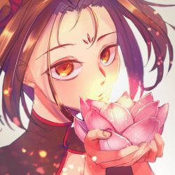 Rule 34 | 1girl, brown eyes, brown hair, cleavage cutout, clothing cutout, facial mark, fate/grand order, fate (series), flower, forehead mark, holding, holding flower, lotus, nezha (fate), scrunchie, solo, twintails