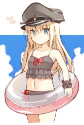 Rule 34 | 10s, 1girl, aged down, bismarck (kancolle), blonde hair, blue eyes, blush stickers, hat, highres, innertube, kantai collection, long hair, navel, ohta yuichi, peaked cap, scrunchie, simple background, solo, swim ring, swimsuit, wrist scrunchie