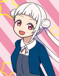Rule 34 | 1girl, arashi chisato, artist name, artist request, blue cardigan, blue jacket, blush, bow, bowtie, breasts, buttons, cardigan, collared shirt, cropped jacket, double bun, dress, dress shirt, female focus, grey shirt, hair bun, hair tie, jacket, long hair, long sleeves, looking at viewer, love live!, love live! superstar!!, neck ribbon, parted lips, pink background, red bow, red eyes, red ribbon, ribbon, school uniform, shirt, small breasts, smile, solo, star (symbol), striped, striped background, twintails, upper body, white hair, white shirt, wing collar, yuigaoka school uniform