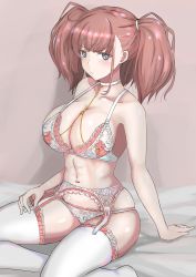 Rule 34 | 1girl, absurdres, alternate costume, atlanta (kancolle), blush, bra, breasts, brown hair, choker, cleavage, closed mouth, commentary request, floral print, garter belt, garter straps, grey eyes, highres, jewelry, kantai collection, ken (shutenndouji1), lace, lace-trimmed bra, lace-trimmed panties, lace trim, large breasts, lingerie, long hair, looking at viewer, navel, panties, ring, sitting, solo, thighhighs, two side up, underwear, underwear only, wedding ring, white bra, white choker, white panties, white thighhighs