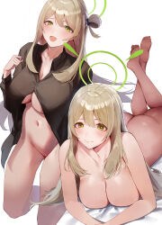 Rule 34 | 1girl, absurdres, ass, blonde hair, blue archive, blush, breasts, cleavage, closed mouth, green halo, halo, highres, large breasts, long hair, lying, multiple views, navel, nonomi (blue archive), nude, on stomach, open mouth, rororo, smile, white background