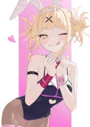 Rule 34 | 1girl, :q, animal ears, blonde hair, blunt bangs, blush, boku no hero academia, bow, bowtie, breasts, brown pantyhose, clothing cutout, double bun, fake animal ears, hair bun, hair ornament, hairband, heart, heart cutout, highres, kiina (mrnsor), leaning forward, leotard, looking at viewer, one eye closed, pantyhose, playboy bunny, rabbit ears, rabbit hair ornament, rabbit hole (vocaloid), red bow, red bowtie, ribbon, simple background, solo, thigh strap, toga himiko, tongue, tongue out, two-tone background, x hair ornament, yellow eyes