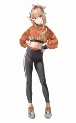 Rule 34 | 1girl, absurdres, alternate costume, bandaged hand, bandages, black pants, blonde hair, casual, choker, closed mouth, commentary request, cropped hoodie, full body, genshin impact, grey footwear, hand on own hip, head tilt, highres, hood, hood down, hoodie, long hair, long sleeves, looking at viewer, midriff, orange eyes, orange hair, orange hoodie, pants, shoes, simple background, smile, sneakers, solo, sportswear, sweatpants, tattoo, watch, white background, wristwatch, yoimiya (genshin impact), zhoi star