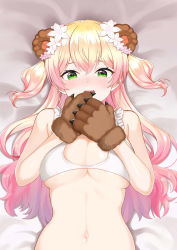 Rule 34 | 1girl, absurdres, animal ears, animal hands, atg (wttoo0202), bare shoulders, bear ears, bear paws, blonde hair, blush, breasts, cleavage, fang, flower, gloves, gradient hair, green eyes, hair between eyes, hair flower, hair ornament, highres, hololive, long hair, looking at viewer, lying, momosuzu nene, multicolored hair, navel, on back, open mouth, paw gloves, pink hair, solo, stomach, virtual youtuber