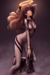 Rule 34 | 1girl, arm support, artist request, blue eyes, bodysuit, breasts, brown hair, cowboy shot, eva 02, evangelion: 3.0+1.0 thrice upon a time, expressionless, floating hair, hair between eyes, halo, highres, interface headset, kneeling, long hair, looking at viewer, neon genesis evangelion, pilot suit, plugsuit, rebuild of evangelion, shiny clothes, skin tight, solo, souryuu asuka langley, two side up, very long hair, white bodysuit, wide hips
