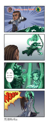 Rule 34 | 1girl, 2boys, 4koma, ^ ^, brown hair, chinese text, closed eyes, colored skin, comic, dark skin, dual wielding, closed eyes, gameplay mechanics, gloves, green eyes, green hair, green skin, dreadlocks, heart, highres, holding, key, kusarigama, lantern, league of legends, lock, lucian (league of legends), multiple boys, padlock, senna (league of legends), sickle, tears, thresh (league of legends), weapon, wongyu, x x