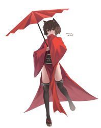 Rule 34 | 1girl, animal ear fluff, animal ears, ark john up, black thighhighs, brown hair, cat ears, commentary, dated, full body, hand to own mouth, holding, holding umbrella, japanese clothes, kimono, long sleeves, looking at viewer, obi, oil-paper umbrella, original, pelvic curtain, red kimono, sandals, sash, short hair, side slit, signature, simple background, smile, solo, standing, symbol-only commentary, thighhighs, umbrella, white background, wide sleeves, yellow eyes, zouri