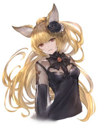 Rule 34 | 1girl, animal ears, black dress, black flower, black rose, blonde hair, blunt bangs, breasts, closed mouth, commentary request, detached sleeves, dress, flower, granblue fantasy, hair flower, hair ornament, high ponytail, lala (0915 yu), long hair, looking at viewer, red eyes, rose, see-through, simple background, small breasts, solo, upper body, white background, yuisis (granblue fantasy)