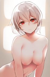 Rule 34 | 1girl, akira (otokuyou), backlighting, bad id, bad pixiv id, breasts, closed mouth, expressionless, hair between eyes, highres, indoors, leaning forward, looking at viewer, medium breasts, navel, nipples, nude, original, otokuyou, red eyes, sagging breasts, short hair, simple background, solo, upper body, white hair