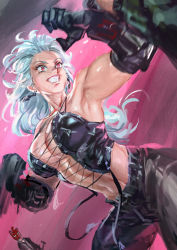 Rule 34 | 1boy, 1girl, abs, blonde hair, blood, blue eyes, breasts, chen yue, dorohedoro, earrings, glasses, gloves, highres, jewelry, long hair, mask, muscular, muscular female, necktie, noi (dorohedoro), open mouth, red eyes, smile, white hair