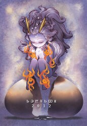 Rule 34 | 1girl, 2012, antlers, closed eyes, completely nude, eggshell, floating, grey hair, hatching, horns, janome gochou, long hair, nude, orb, original, pointy ears, smile, solo